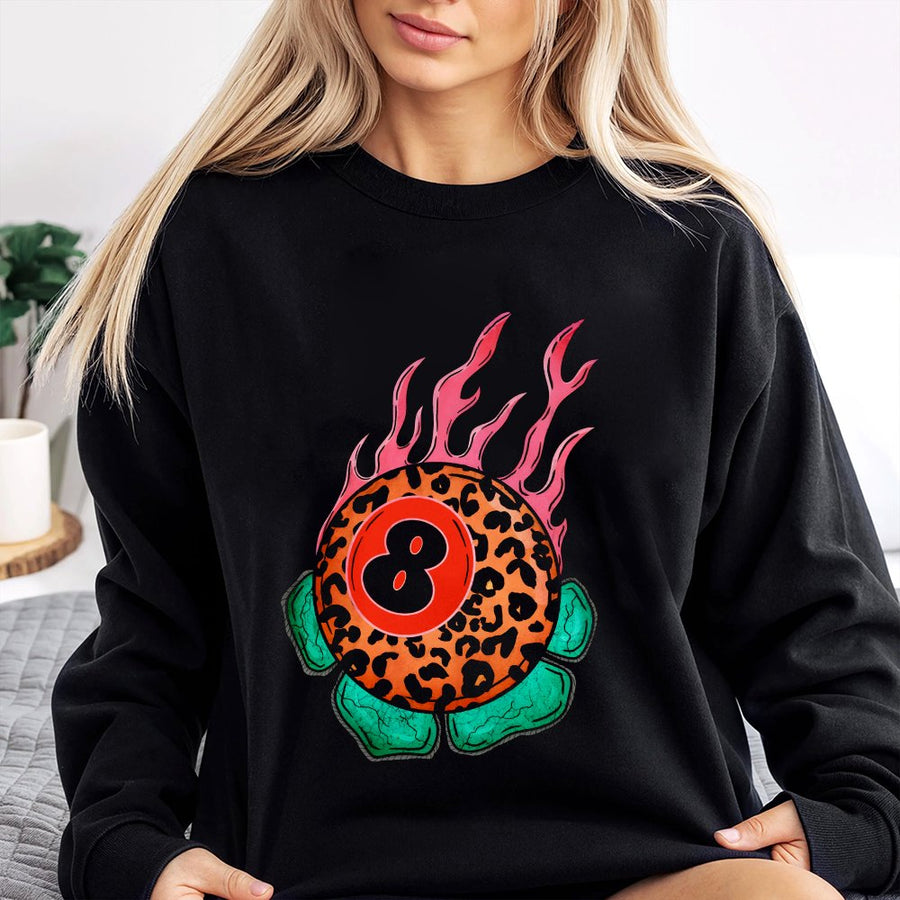 8 Ball Sweatshirt | Flaming Leopard Print Graphic | Premium Cotton Blend Crewneck | Trendy Retro Streetwear Gift for Men and Women