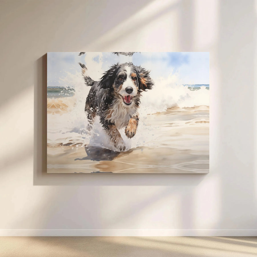 Australian Shepherd Canvas Wall Art | Watercolor Painting of Dog on Beach | Premium Fade-Resistant Print | Gift for Dog Lover & Coastal Home Decor