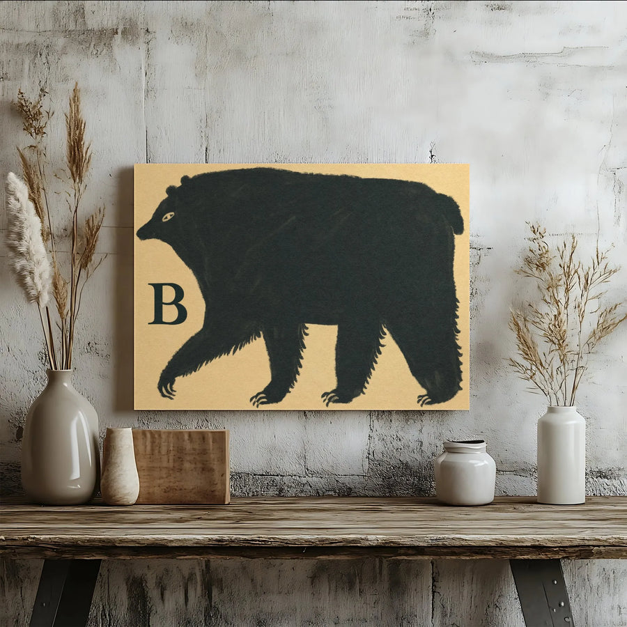 Black Bear Alphabet Wall Art | Minimalist Animal Print | Premium Gallery-Wrapped Canvas | Rustic Nursery or Home Decor Gift