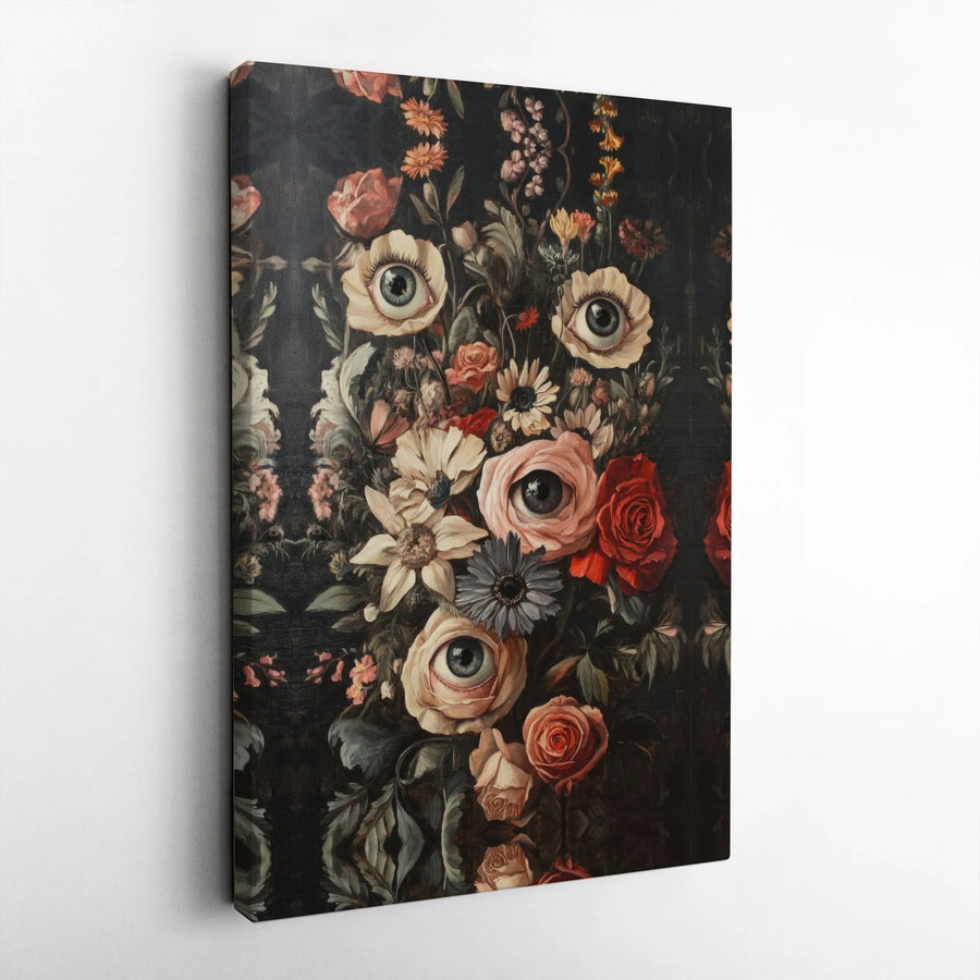 Surreal Dark Floral Wall Art | Gothic Botanical Bouquet With Eyes | Premium Gallery-Wrap Canvas | Moody Home Decor Gift