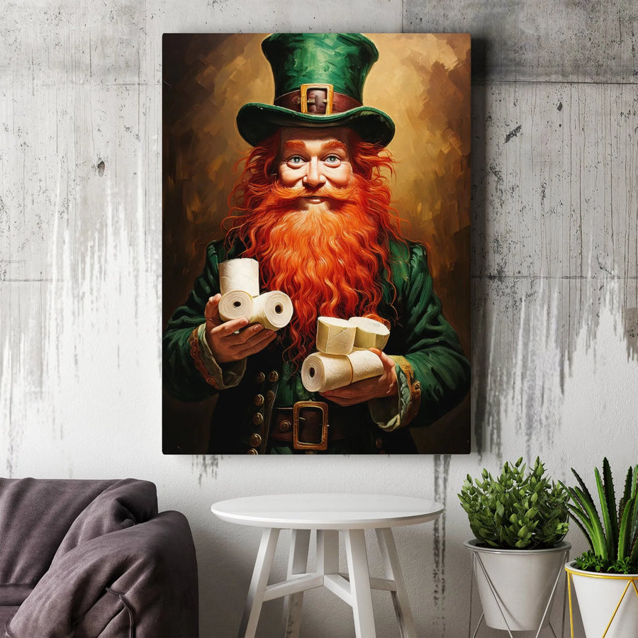 Funny Leprechaun Canvas Print | Hoarding Toilet Paper Art | Premium Thick Gallery Wrapped Canvas | St Patrick's Day Decor Gift