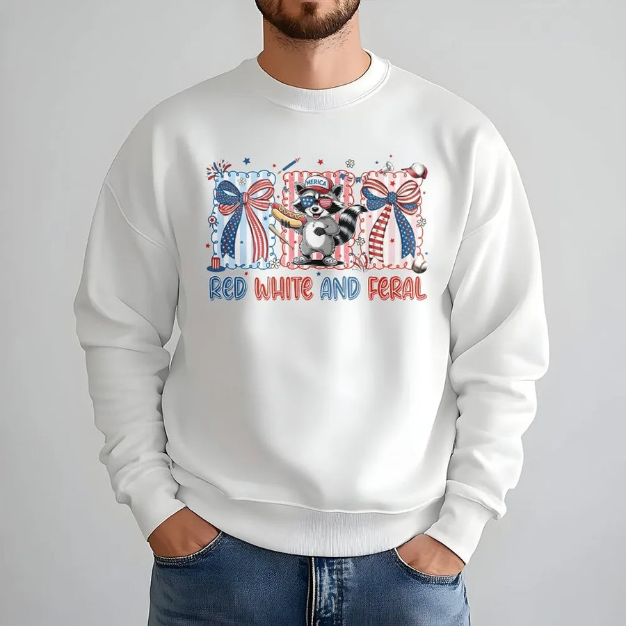Red White and Feral Raccoon Sweatshirt | Funny USA Independence Day Graphic Tee | Soft Breathable Cotton | Patriotic Animal Lover Gift