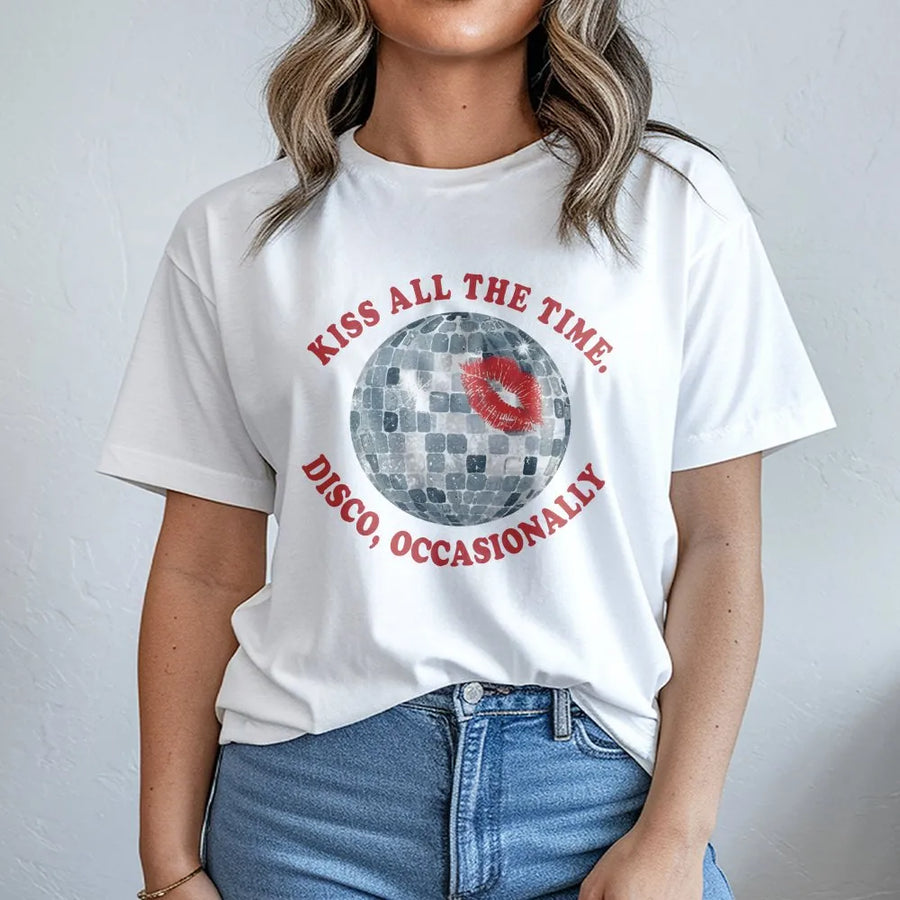 Retro Disco Ball T-Shirt | Kiss All The Time Graphic | Soft Cotton Crewneck | Y2K Concert Gift for Women
