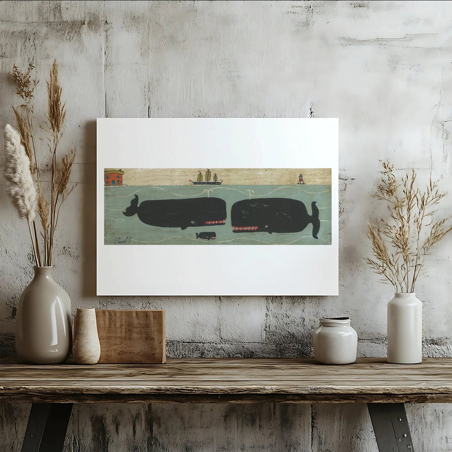 Whale Family Folk Art Canvas Print | Nautical Coastal Wall Decor | Gallery Wrapped Premium Canvas | Whimsical Nursery & Beach House Gift