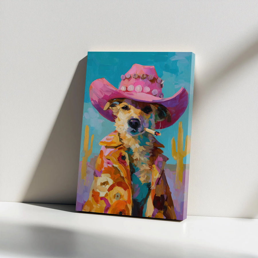 Dog Cowboy Canvas Wall Art | Pink Hat Western Desert Oil Painting Style | Premium Gallery Wrap Print | Fun Gift for Dog Lovers