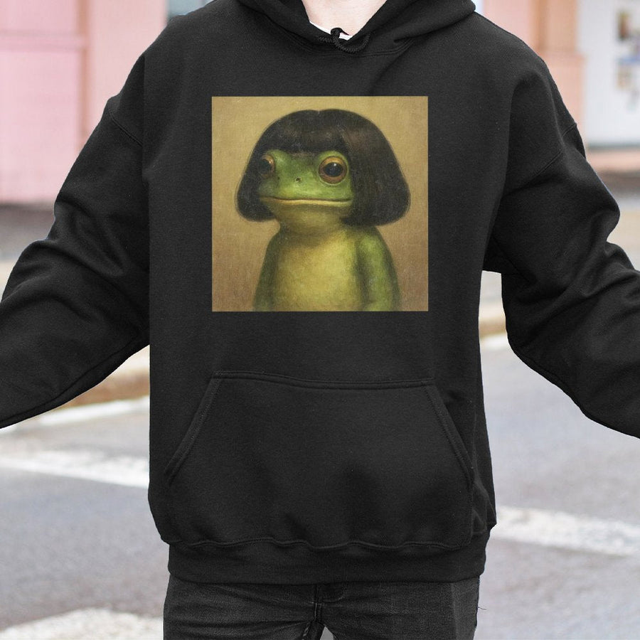 Funny Frog Hoodie | Cute Toad With Bob Haircut Art | Premium Cotton Blend Pullover | Aesthetic Meme Gift For Men And Women