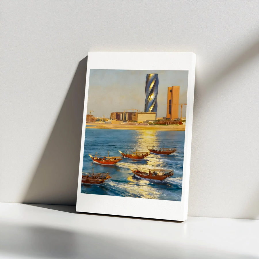 Bahrain Skyline Canvas Print | Traditional Dhow Boats & United Tower | Premium 1.25” Gallery Wrap | Modern Home Office Decor Wall Art
