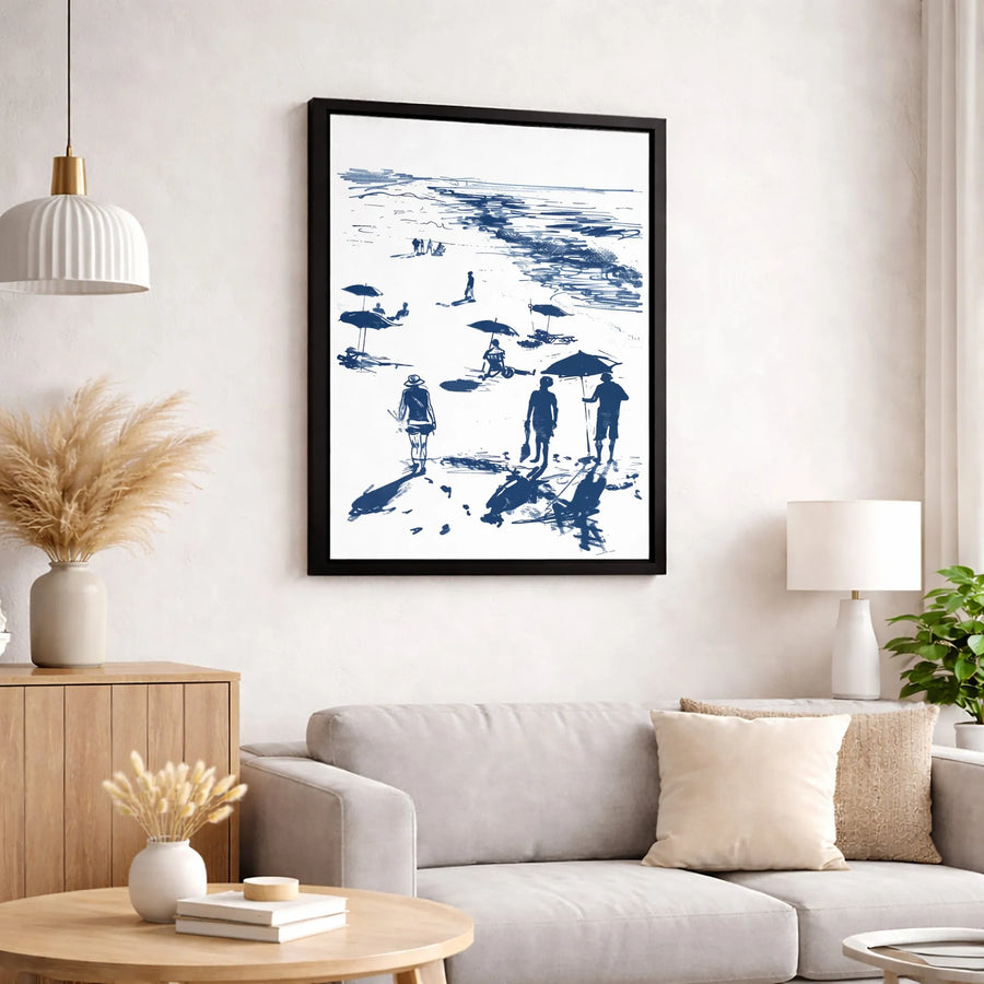 Beach Sketch Canvas Wall Art | Blue and White Seaside Scene | Premium Gallery-Wrapped Print | Coastal Home Decor for Living Room