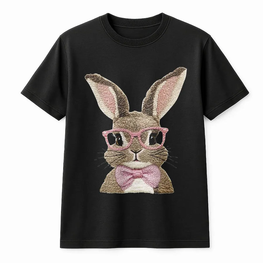 Easter Bunny T-Shirt | Cute Rabbit with Pink Glasses and Bow Tie | Soft Cotton Graphic Tee | Premium Spring Holiday Gift for Women