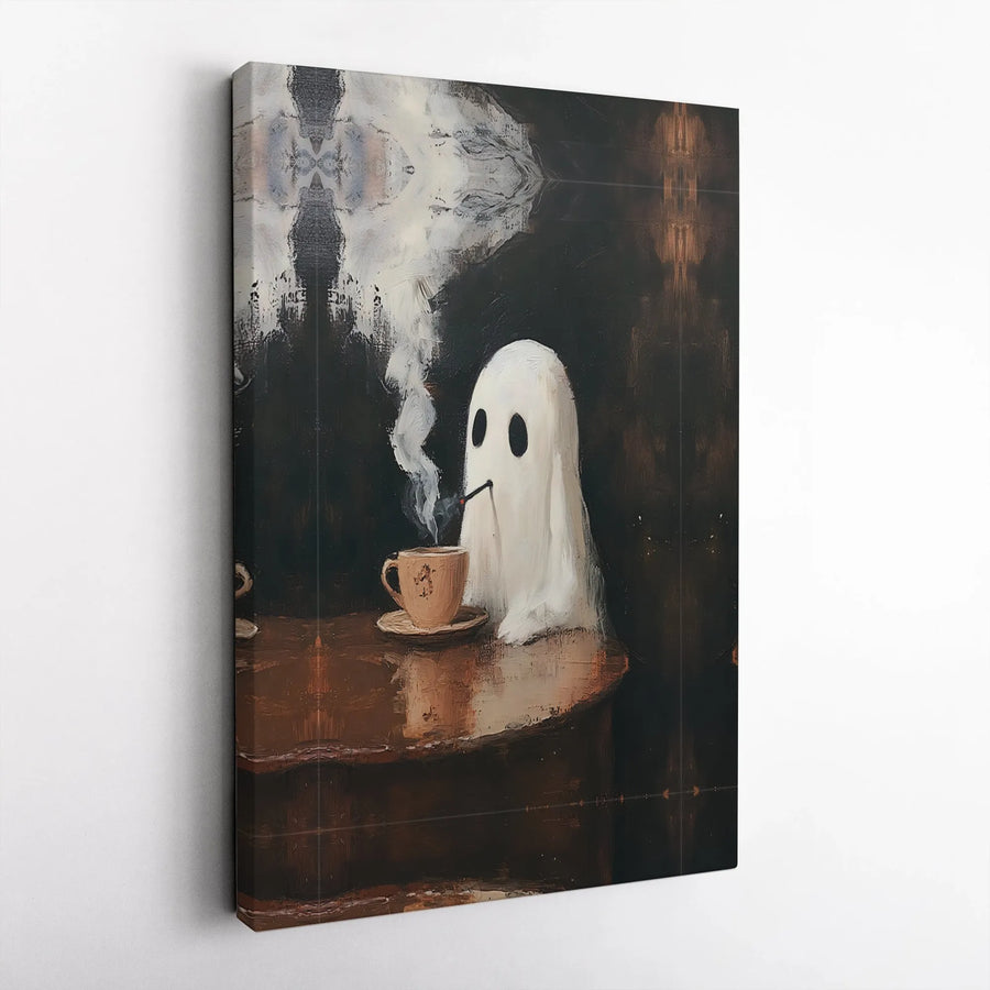 Ghost With Coffee Canvas Print | Whimsical Smoking Ghost Oil Painting Style | 1.25 Inch Gallery Wrap | Spooky Aesthetic Home Decor Wall Art