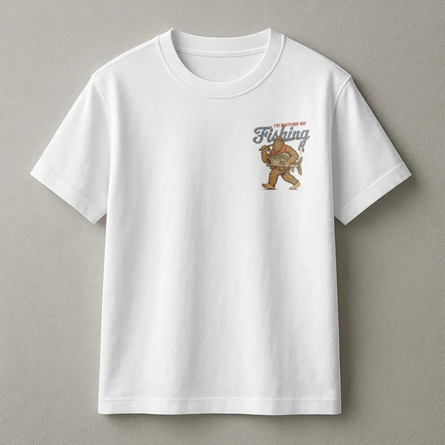 Bigfoot Fishing T-Shirt | Funny Sasquatch I'd Rather Be Fishing Graphic | Premium Cotton Tee | Gift for Fisherman, Angler, Dad