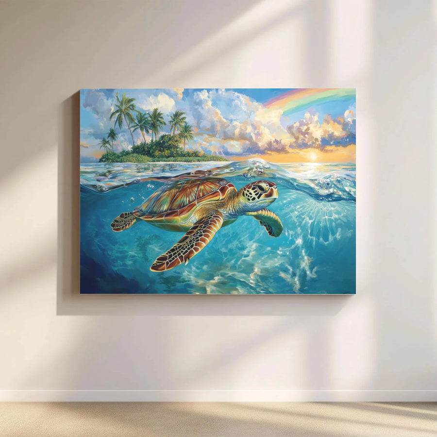 Sea Turtle Tropical Ocean Canvas Wall Art | Island Sunset With Rainbow Design | Premium 1.25" Gallery Wrap | Coastal Decor Gift For Beach Lovers