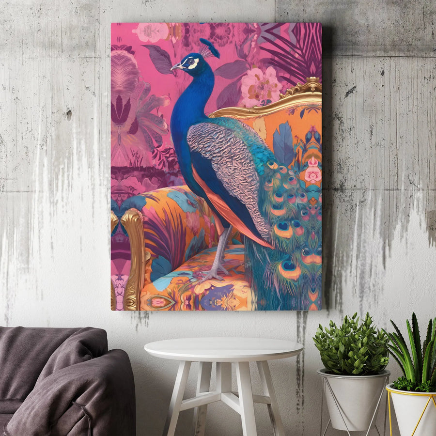Peacock Wall Art Canvas | Vibrant Pink Floral Bird Portrait | Gallery Quality 1.25-inch Profile | Elegant Home Decor Gift