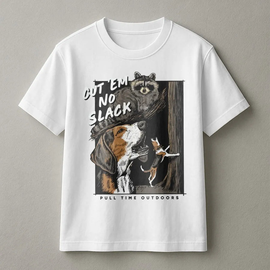 Coon Hunting T-Shirt | Cut Em No Slack Hounds Graphic | Premium Cotton Unisex Tee | Gift for Outdoor Sportsman and Dog Hunters