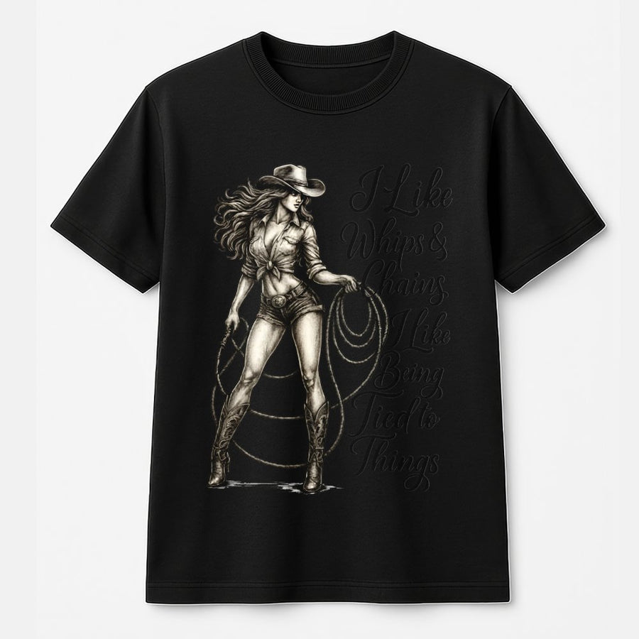 Cowgirl Graphic T-Shirt | Whips and Chains Country Western Design | Premium 100% Cotton | Funny Rodeo Gift for Women and Men