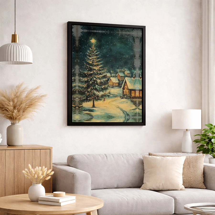 Vintage Christmas Village Canvas Wall Art | Snowy Winter Landscape with Lit Pine Tree | Gallery-Quality 1.25 Inch Wrap | Festive Holiday Home Decor Gift