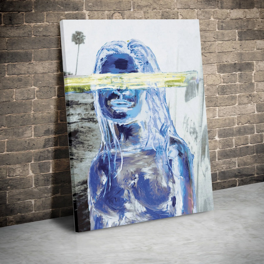 Abstract Woman Canvas Wall Art | Blue Pop Art Portrait with Palm Tree | Gallery-Wrapped Premium Decor | Modern Minimalist Living Room Gift