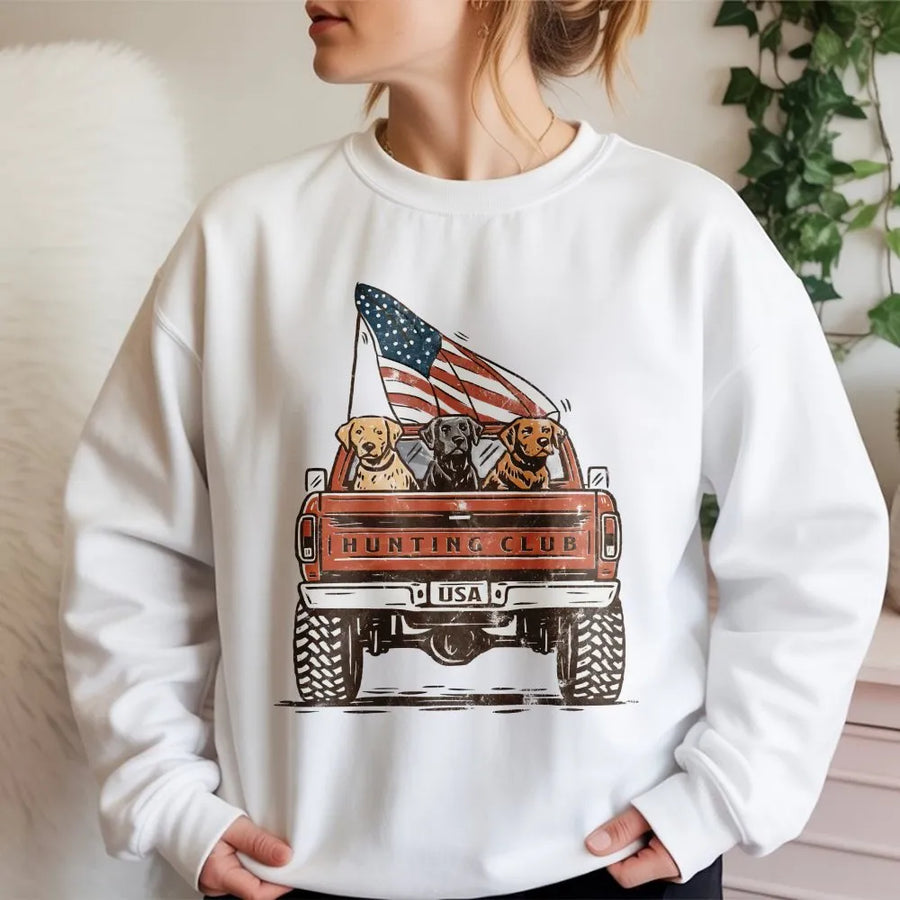 Patriotic Labrador Sweatshirt | Vintage Hunting Club Truck with USA Flag | Premium Graphic Tee | 4th of July Gift for Dog Lover