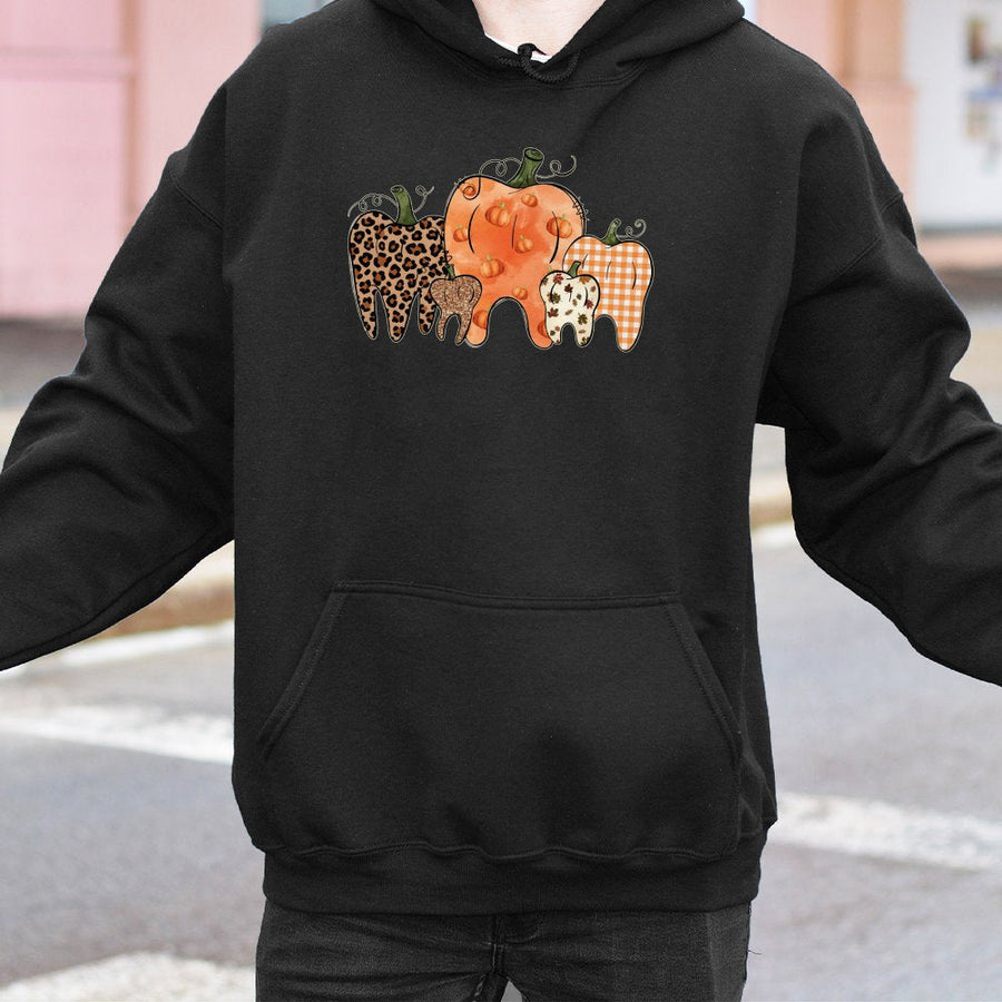 Dental Hygienist Hoodie | Pumpkin Tooth Graphic Fall Sweatshirt | Premium Cotton Blend | Funny Dentist Gift for Dental Assistant