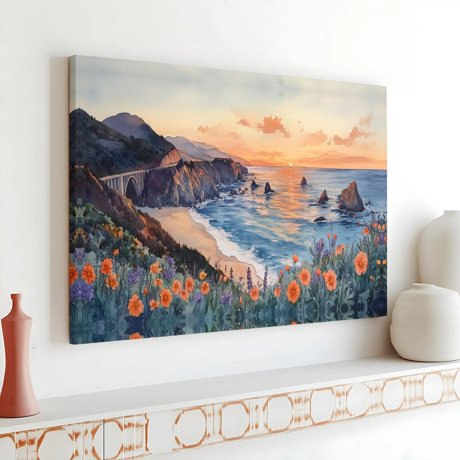Big Sur Canvas Wall Art | Watercolor Bixby Bridge Sunset Painting | Premium Fade-Resistant Print | Living Room & Office Decor Gift