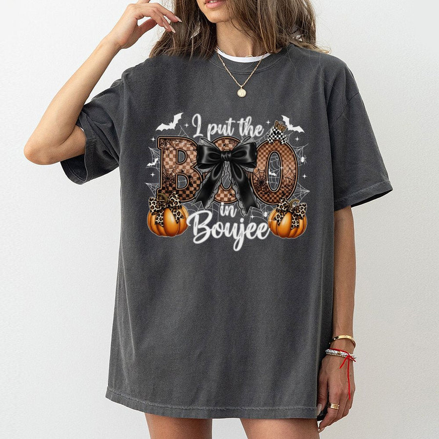 I Put The Boo In Boujee T-Shirt | Chic Leopard Pumpkin Halloween Graphic Tee | 100% Cotton Premium Gift | Stylish Trendy Fall Apparel For Women