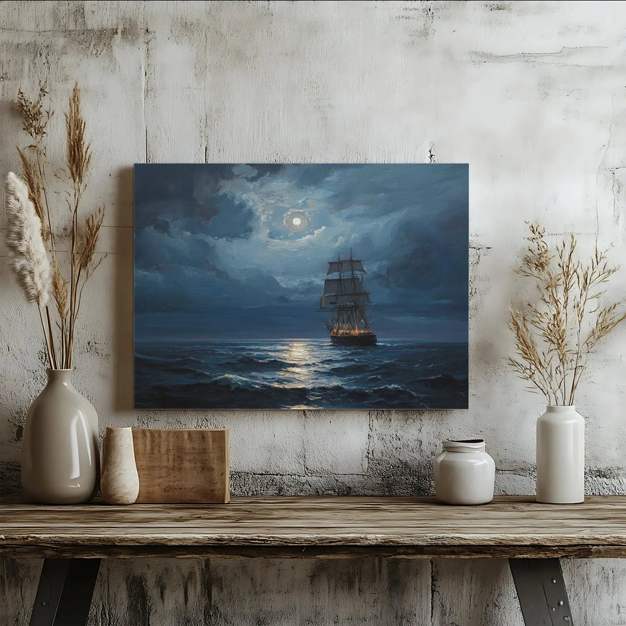 Tall Ship Sailing Canvas Print | Moonlit Ocean Nautical Art | Premium 1.25-Inch Gallery Wrap | Coastal Wall Decor for Bedroom or Living Room