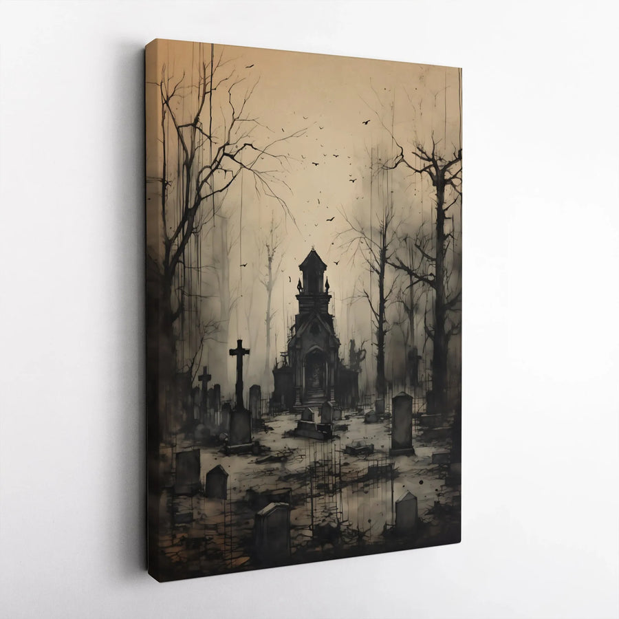 Haunted Graveyard Canvas Wall Art | Gothic Church Cemetery Print | Premium Gallery-Wrapped Decor | Spooky Halloween Home Decor Gift