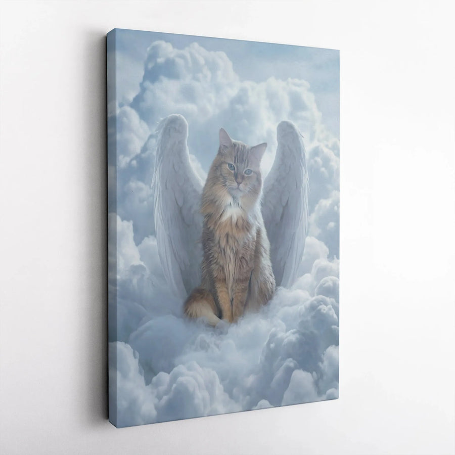 Angel Cat Canvas Wall Art | Cat with Wings in Clouds Portrait | Premium Gallery Wrapped Canvas | Pet Loss Sympathy Gift for Cat Lovers
