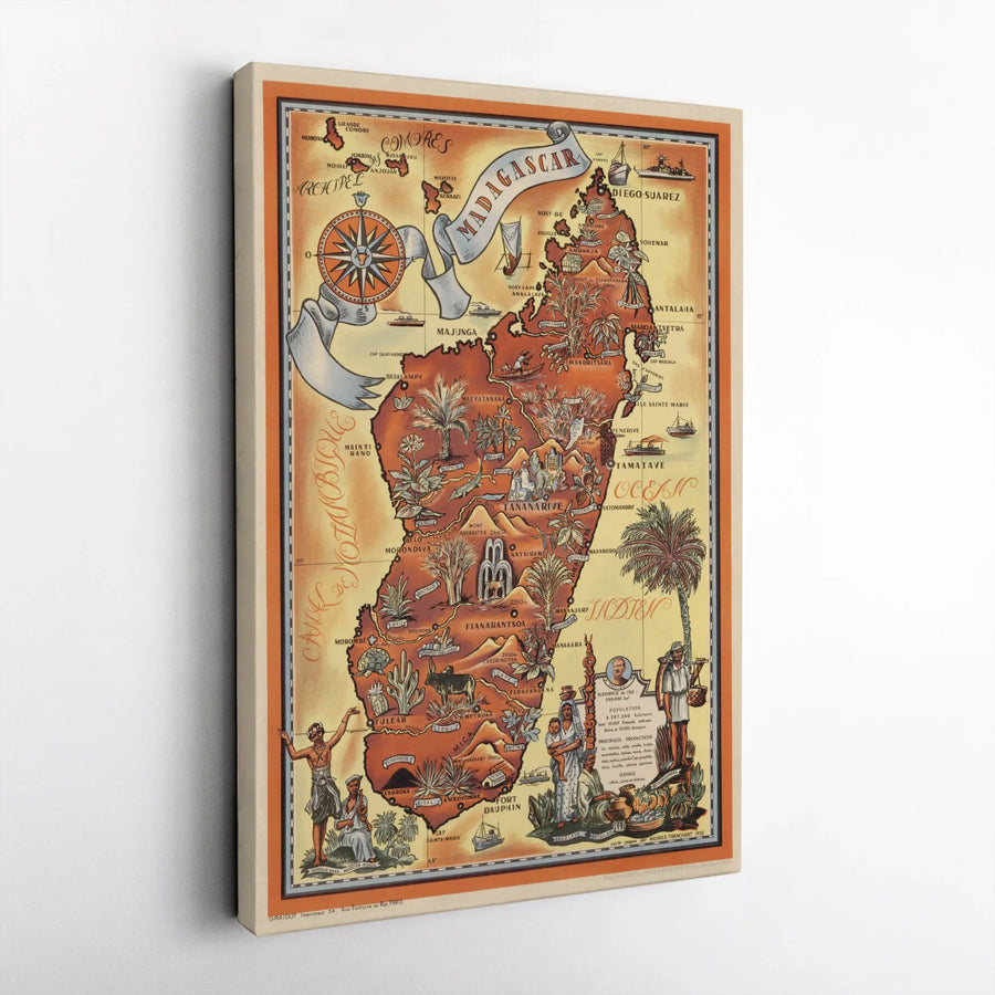 Madagascar Vintage Map Wall Art | 1952 Illustrated Pictorial Print | Premium 1.25-Inch Gallery Canvas | Unique Travel Lover Gift