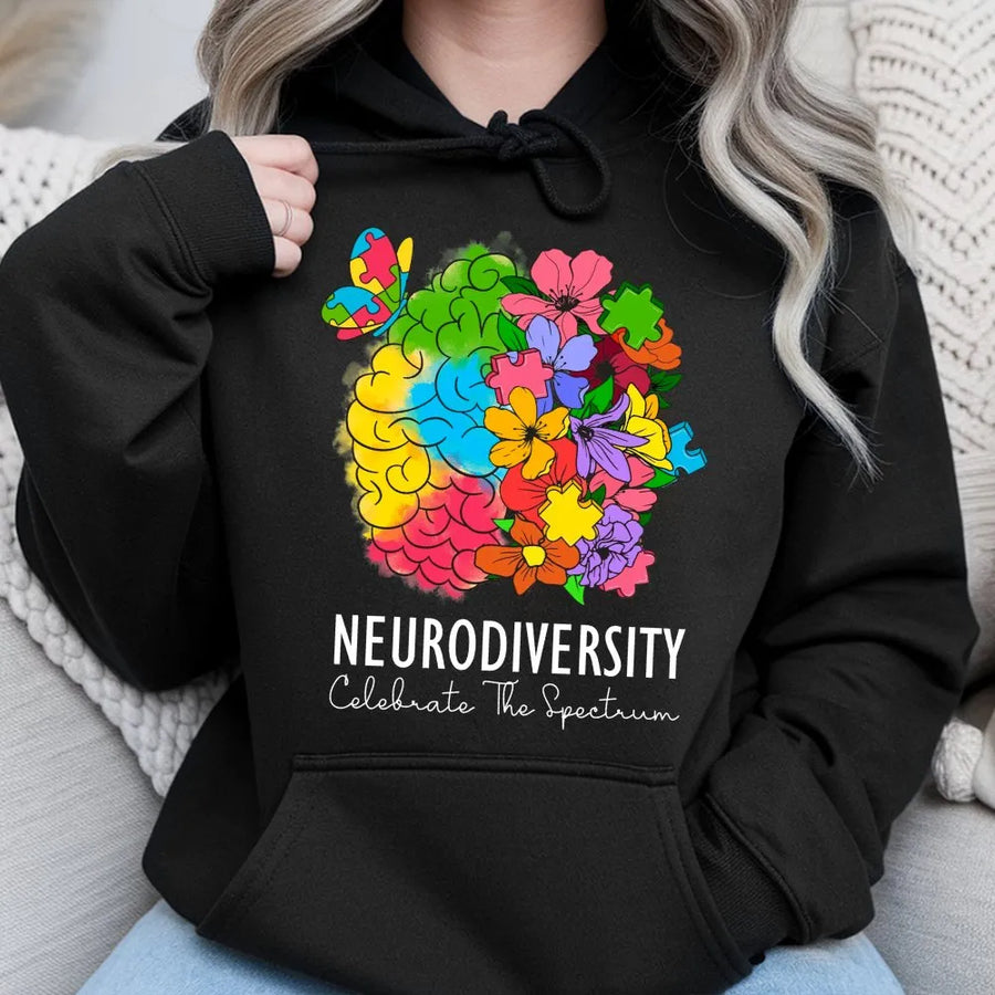 Neurodiversity Hoodie | Celebrate The Spectrum Floral Brain Graphic | Soft Cotton Blend Unisex Pullover | Premium Autism Awareness Gift