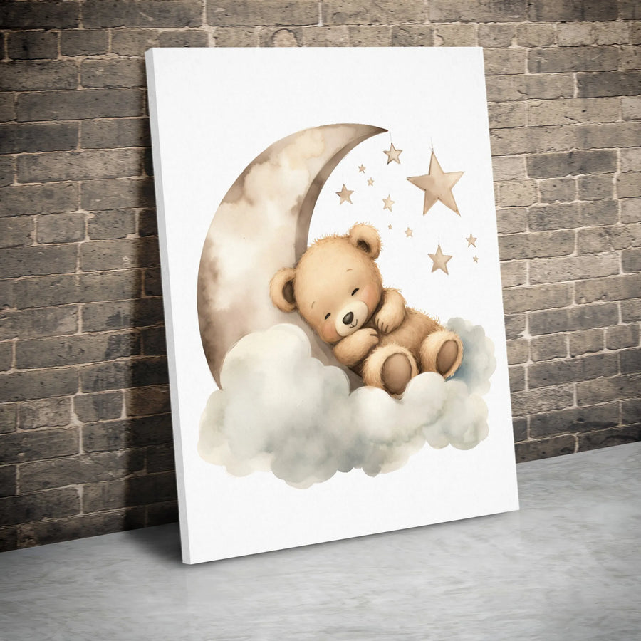 Sleeping Teddy Bear Wall Art | Watercolor Moon and Stars Nursery Decor | Premium Gallery-Wrap Canvas | Cute Baby Room Wall Decor Gift