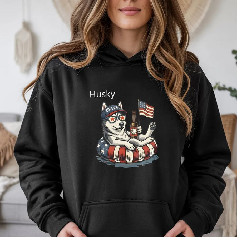USA 250th Anniversary Husky Hoodie | Funny Patriotic Dog with American Flag | Premium Cotton Blend Sweatshirt | Unisex Gift for Dog Lovers