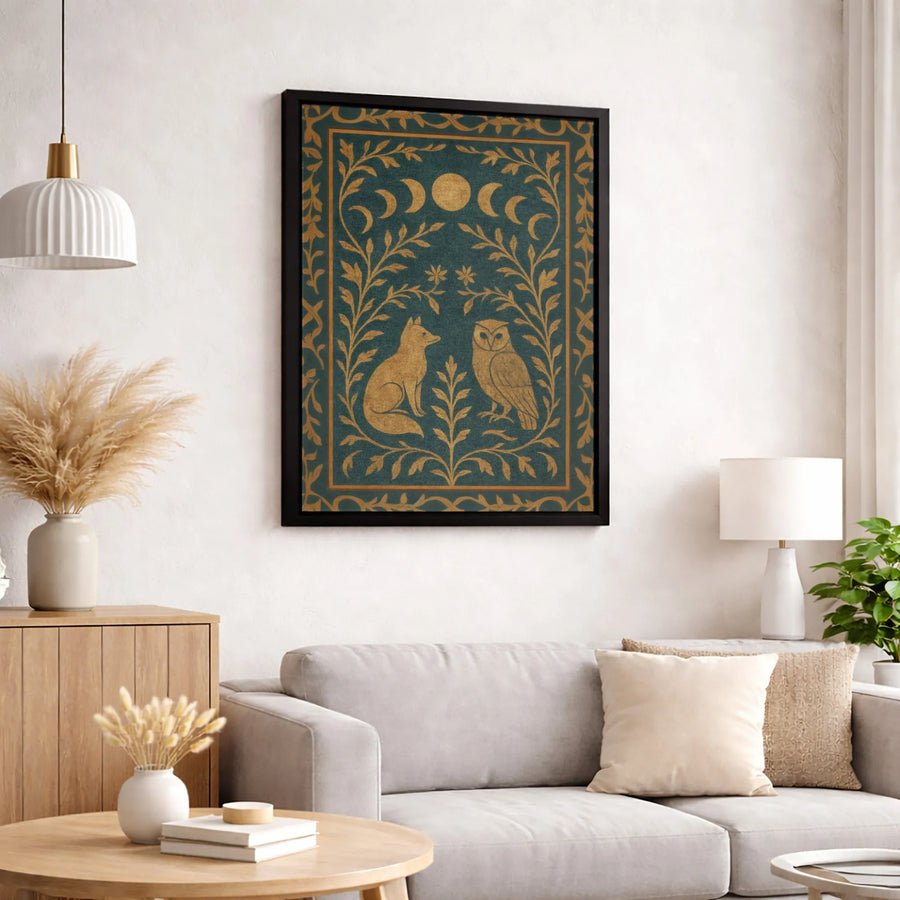 Fox and Owl Wall Art | Celestial Moon Phases Design | Premium Gallery-Wrap Canvas | Mystical Woodland Home Decor Gift