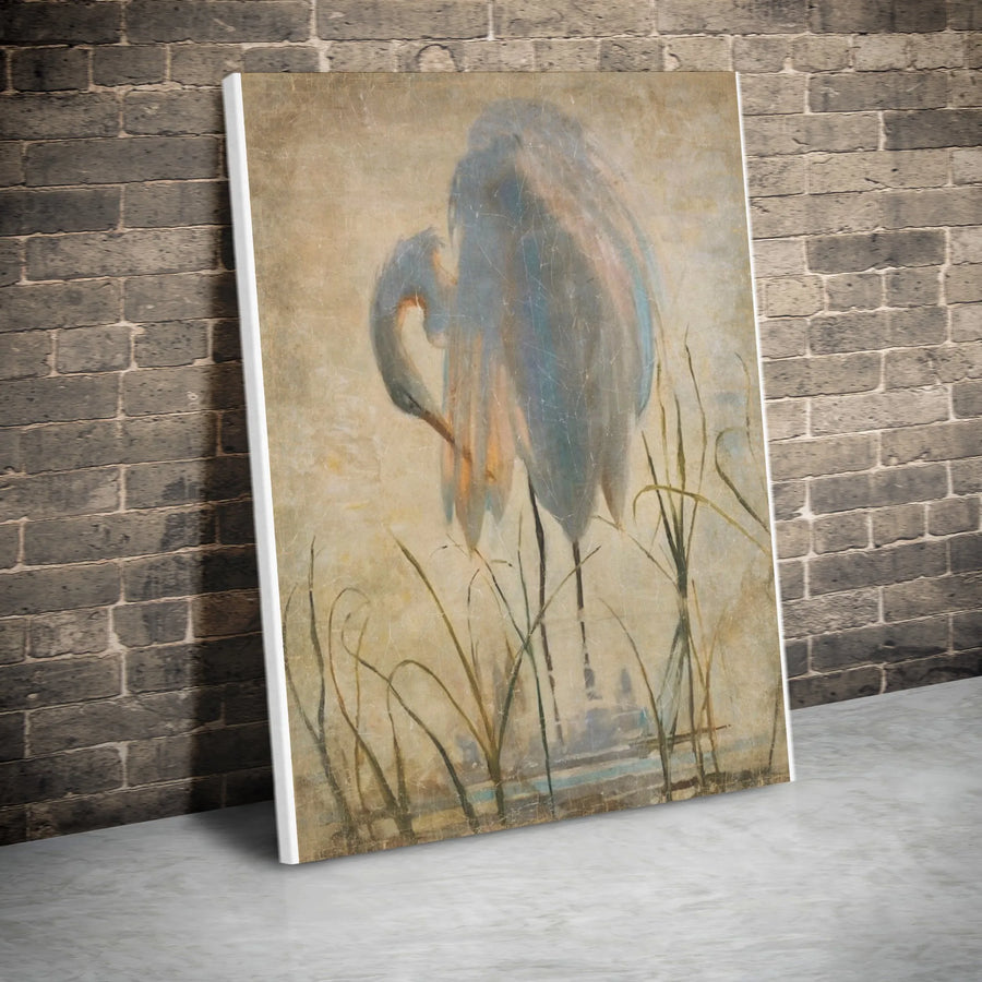 Heron Painting Vertical Canvas | Vintage Coastal Bird Artwork | Premium 1.25" Thick Gallery Wrap | Nature Lover Home Decor Gift