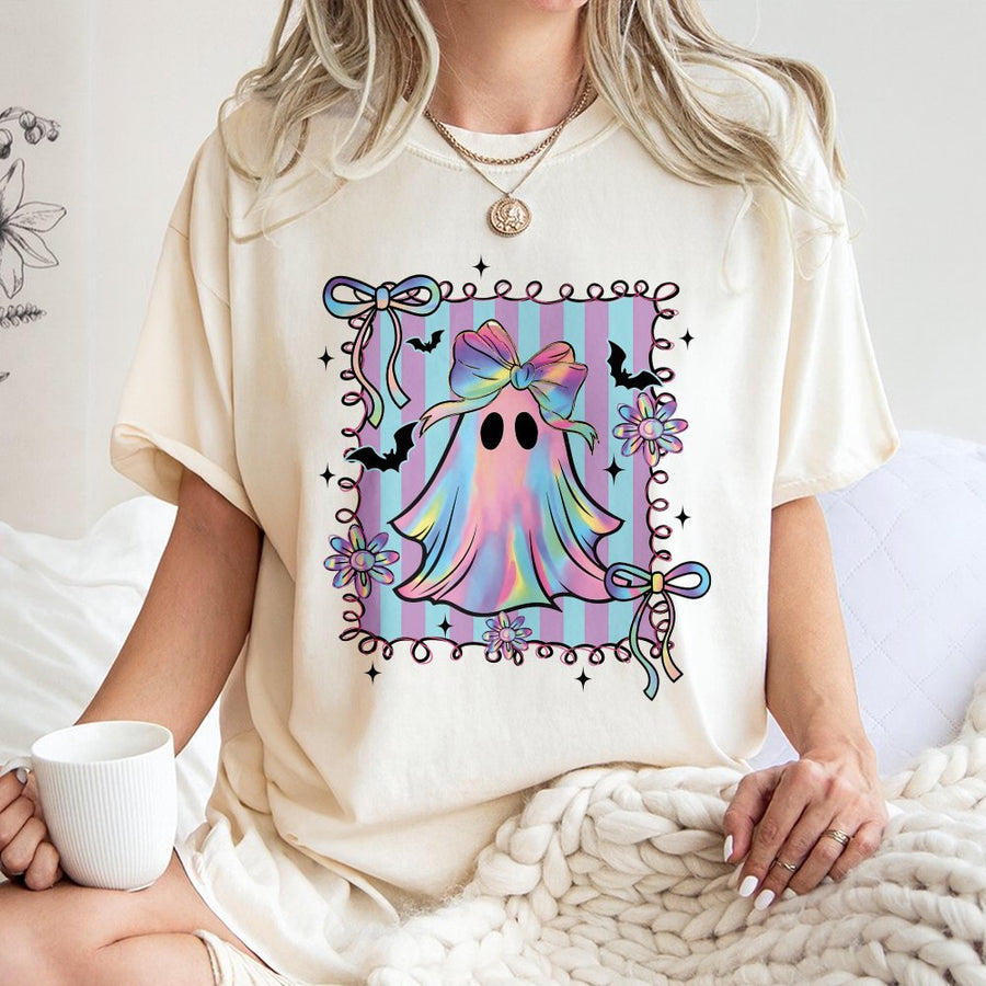 Preppy Halloween Ghost T-Shirt | Iridescent Bow Aesthetic Graphic | 100% Cotton Premium Tee | Cute Coquette Spooky Season Gift for Women