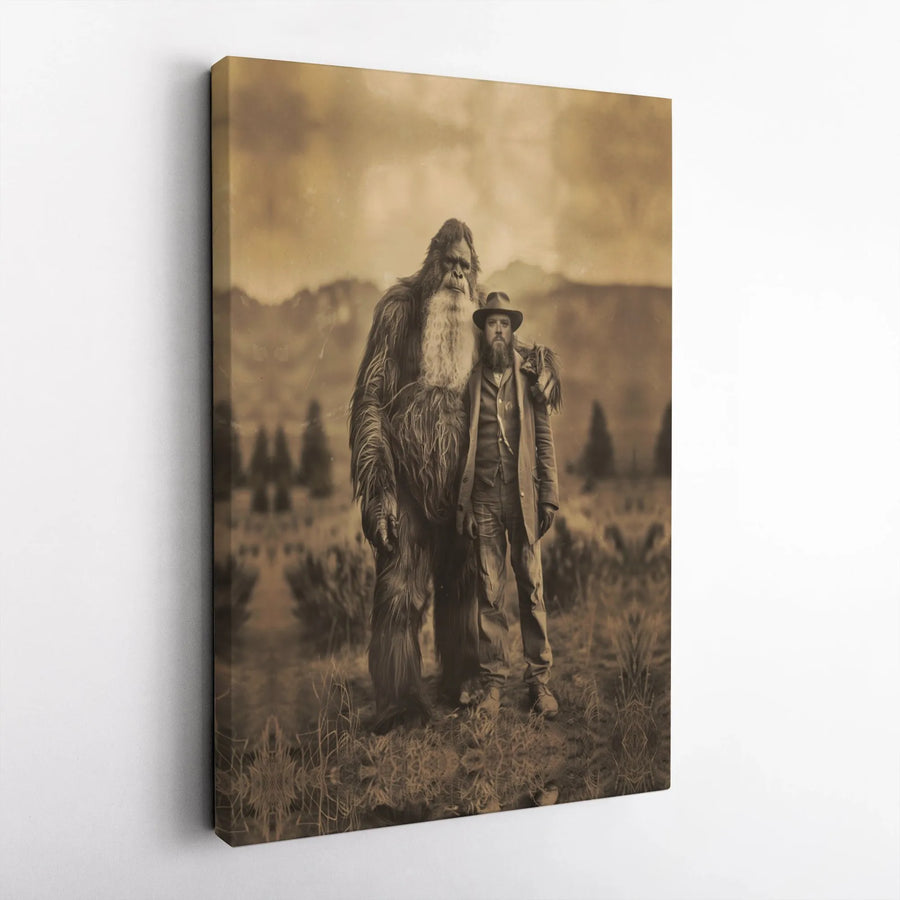 Bigfoot Vintage Photography Canvas | Cryptid Folk Art Portrait | 1.25-Inch Gallery Wrap | Funny Man Cave & Office Wall Decor Gift
