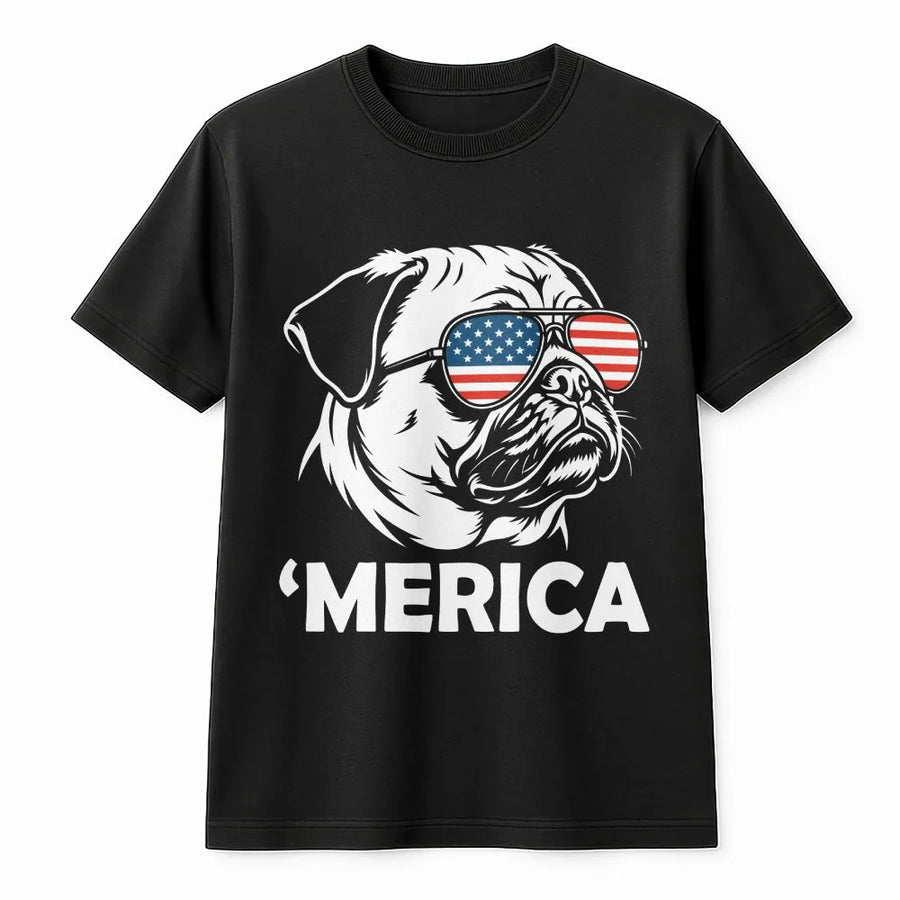 Funny Merica Pug T-Shirt | Pug with American Flag Sunglasses | Cozy Unisex Pullover | Gift for Pug Owner