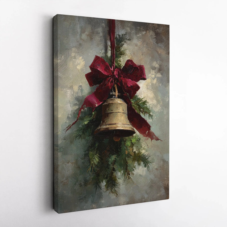 Christmas Bell Canvas Wall Art | Vintage Oil Painting Style with Red Bow | Premium 1.25" Gallery Wrap | Festive Holiday Home Decor Gift