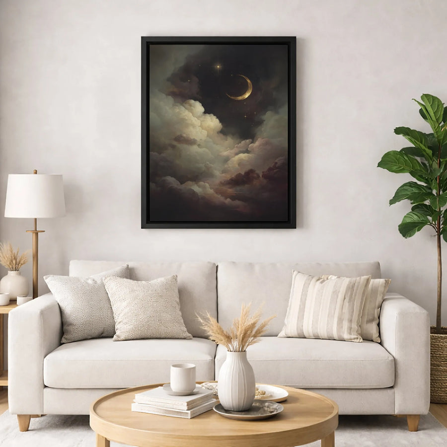Golden Crescent Moon Wall Art | Celestial Cloudy Night Sky Print | Premium Gallery-Wrapped Canvas | Gothic Home Decor Gift for Bedroom