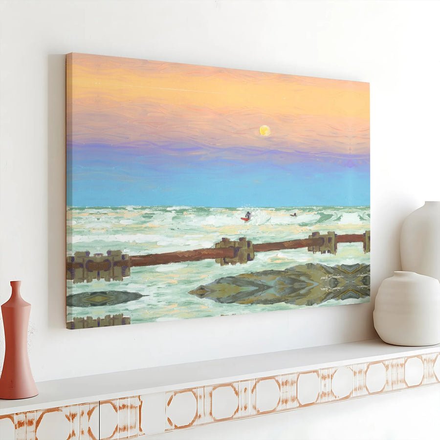 Coastal Surfer Canvas Print | Impressionist Sunset Beach Painting | Premium Gallery Wrapped Art | Modern Beach House Decor Gift