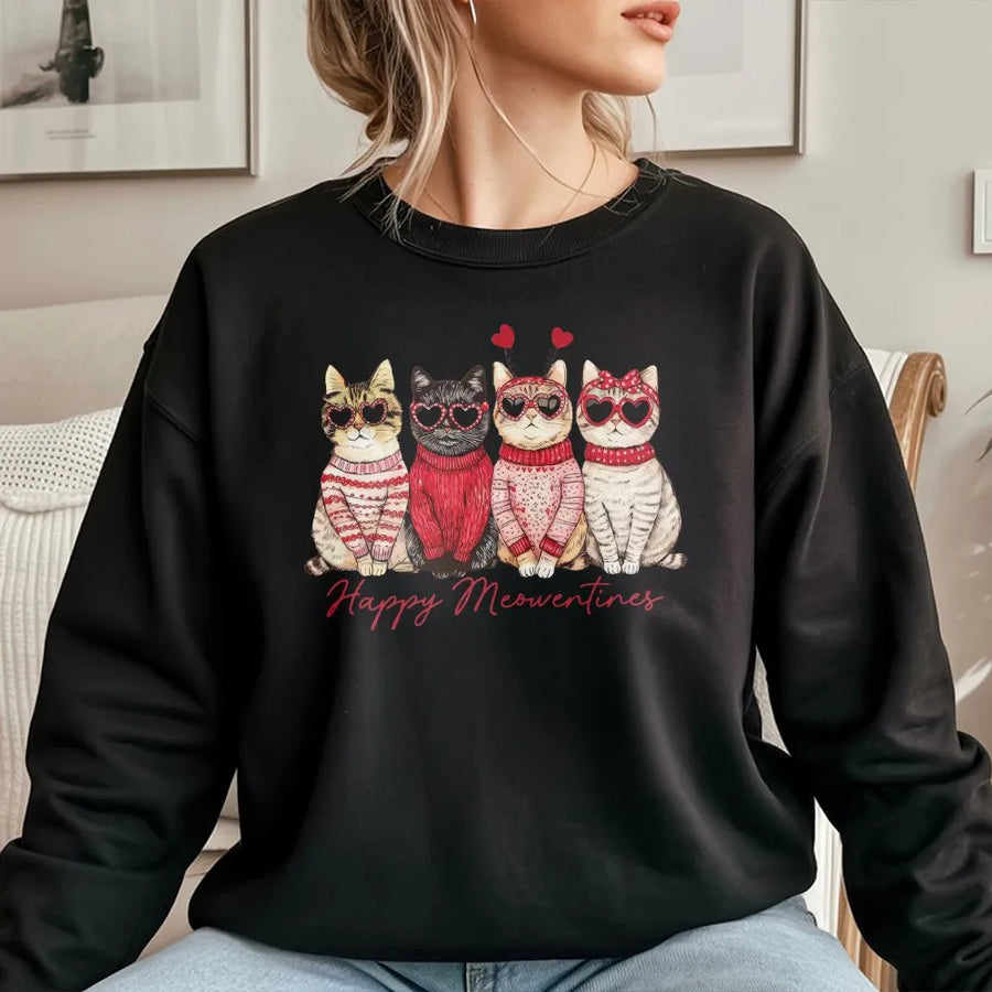Valentine Cat Sweatshirt | Happy Meowentines Graphic Print | Premium Cotton Blend Crewneck | Cute Valentines Gift for Cat Lovers