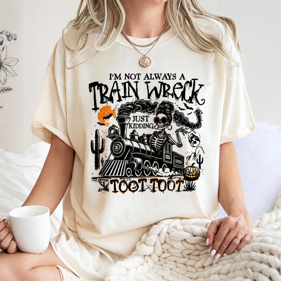 Train Wreck Graphic T-Shirt | Funny Skeleton Halloween Design | Premium Soft Cotton Tee | Sarcastic Humor Gift For Women & Men