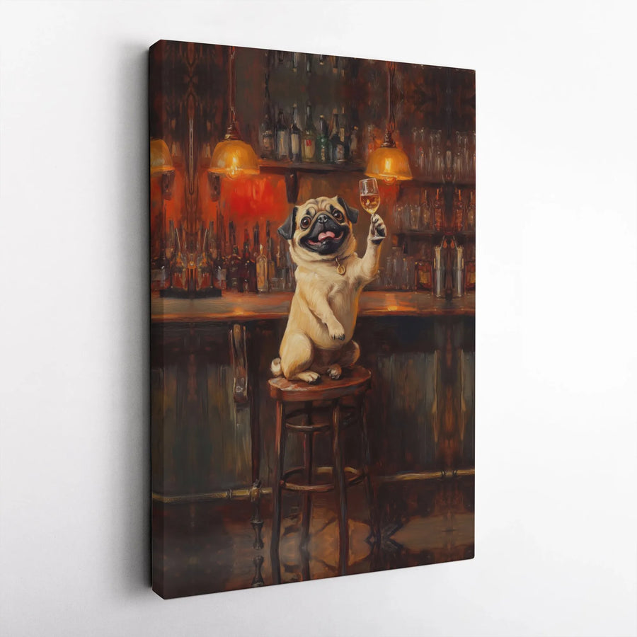 Funny Pug Bar Canvas Wall Art | Vintage Dog Painting | Gallery Quality Print | Unique Home Bar Decor & Gift for Dog Lovers