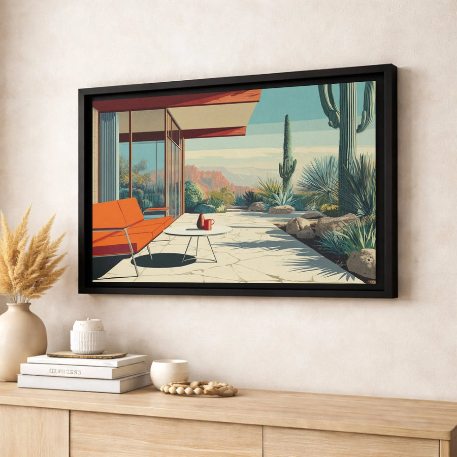 Mid-Century Modern Desert Canvas Art | Orange Sofa Saguaro Cactus Print | 1.25-Inch Gallery Wrap | Southwestern Home Decor for Living Room