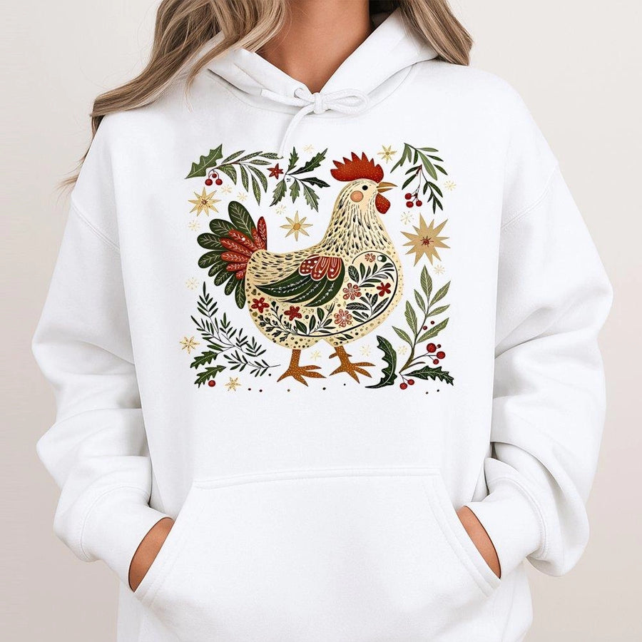 Christmas Chicken Hoodie | Folk Art Farm Animal Graphic | Cotton-Blend Premium Pullover | Unique Holiday Gift for Chicken Lovers