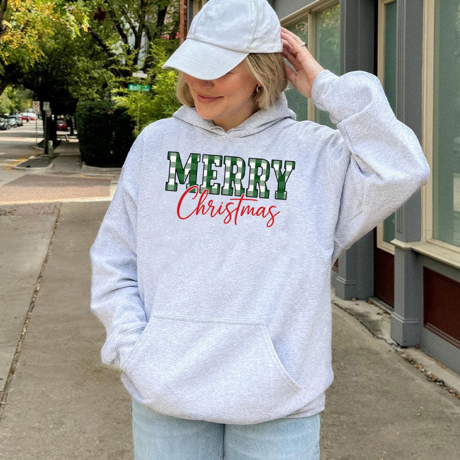 Merry Christmas Hoodie | Green Buffalo Plaid Festive Graphic | Cotton-Poly Blend Premium Apparel | Holiday Gift for Women and Men