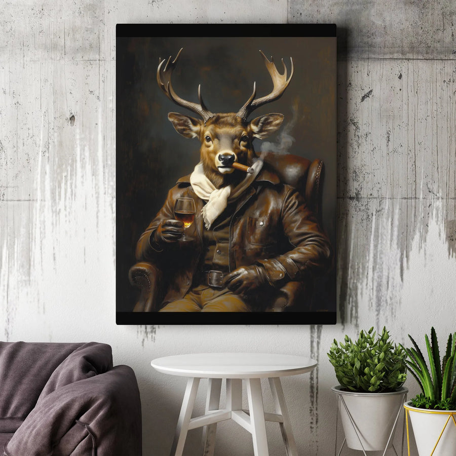 Gentleman Deer Smoking Cigar Wall Art | Anthropomorphic Whiskey Portrait | Premium Gallery Canvas | Masculine Office Decor Gift