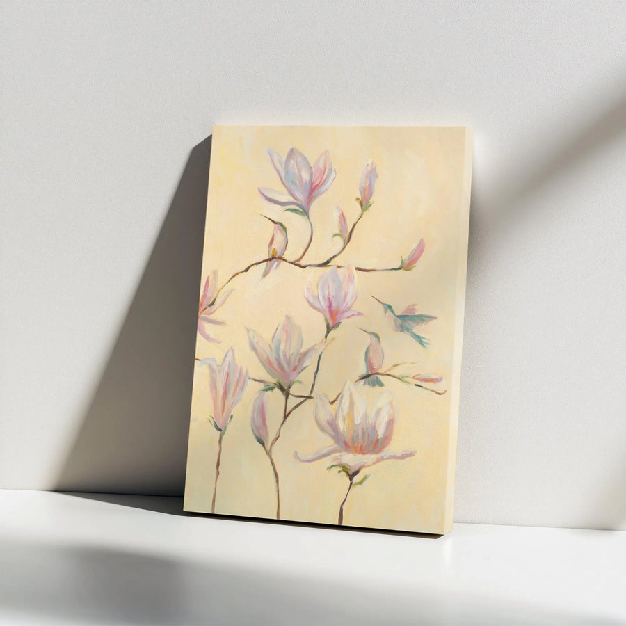 Magnolia and Hummingbird Canvas Wall Art | Pink Floral Watercolor Painting Print, Diptych Right Panel | Premium Gallery Wrapped Canvas | Botanical Home Decor Gift