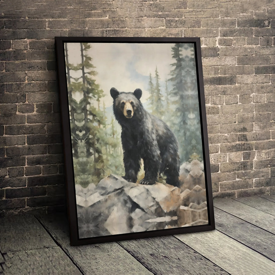 Black Bear Wall Art | Rustic Pine Forest Painting | Premium 1.25" Canvas | Wildlife Decor for Cabin or Home