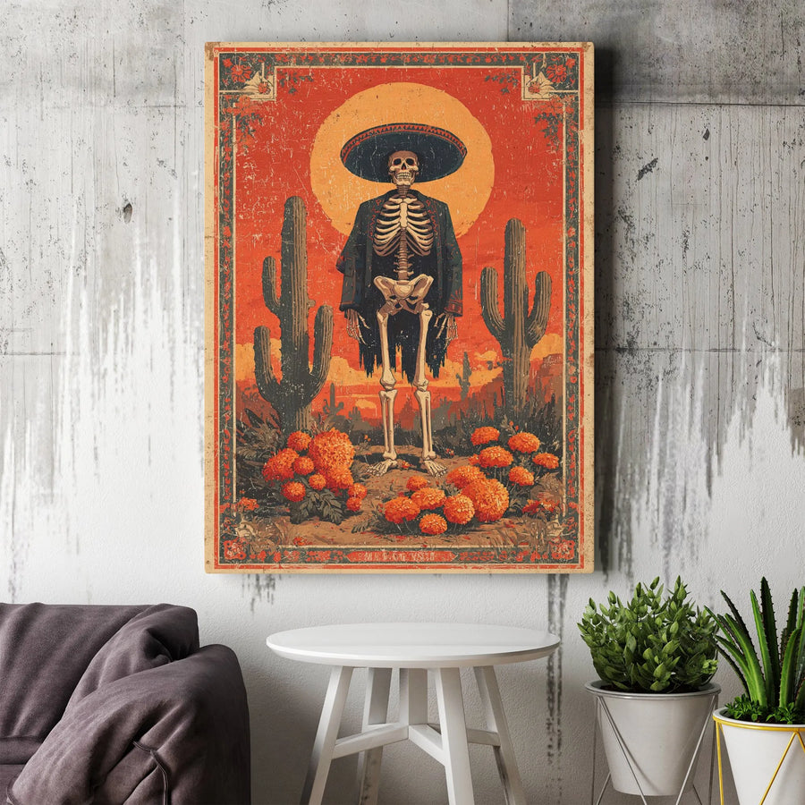 Dia De Los Muertos Wall Art | Vintage Skeleton Sombrero Marigold Canvas | Premium Gallery Wrap Decor | Mexican Folk Art Gift For Home